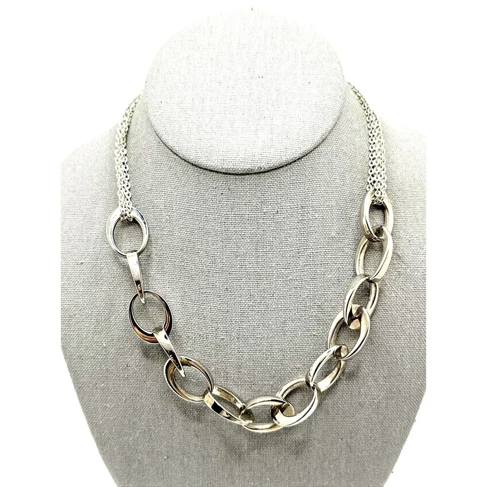 Vintage ALFANI Necklace Heavy Silver Tone Oval Link Multi Strand Chain 16